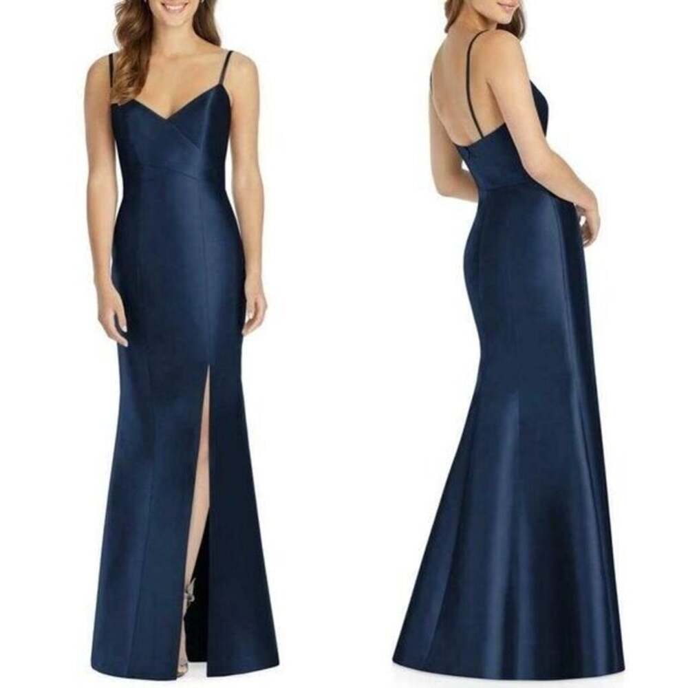 Alfred Sung D758 Sateen Twill V-Neck Bridesmaid Gown in Midnight Blue Size 16